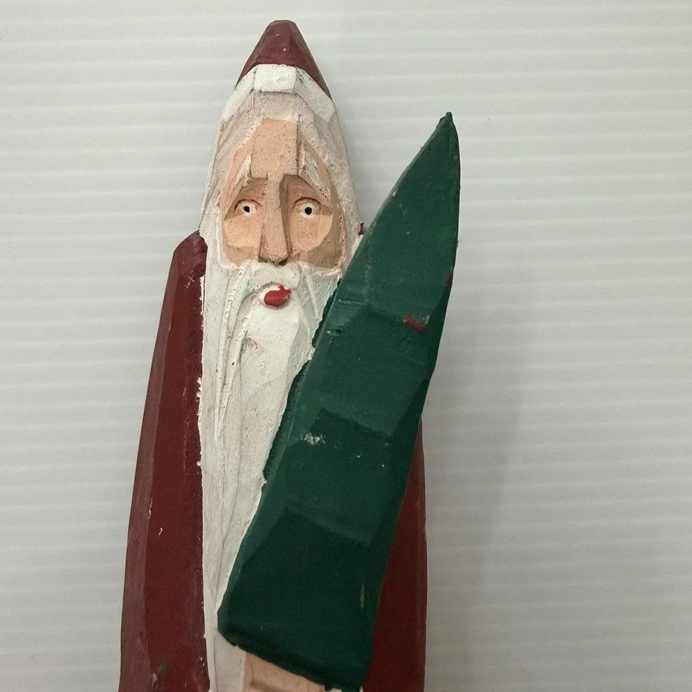 Folk Art Hand Carved Wood Santa Claus Holding Christmas Tree Primitive Rustic